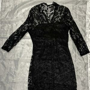 Long Sleeve Lace Black Dress Knee Length V Neck line